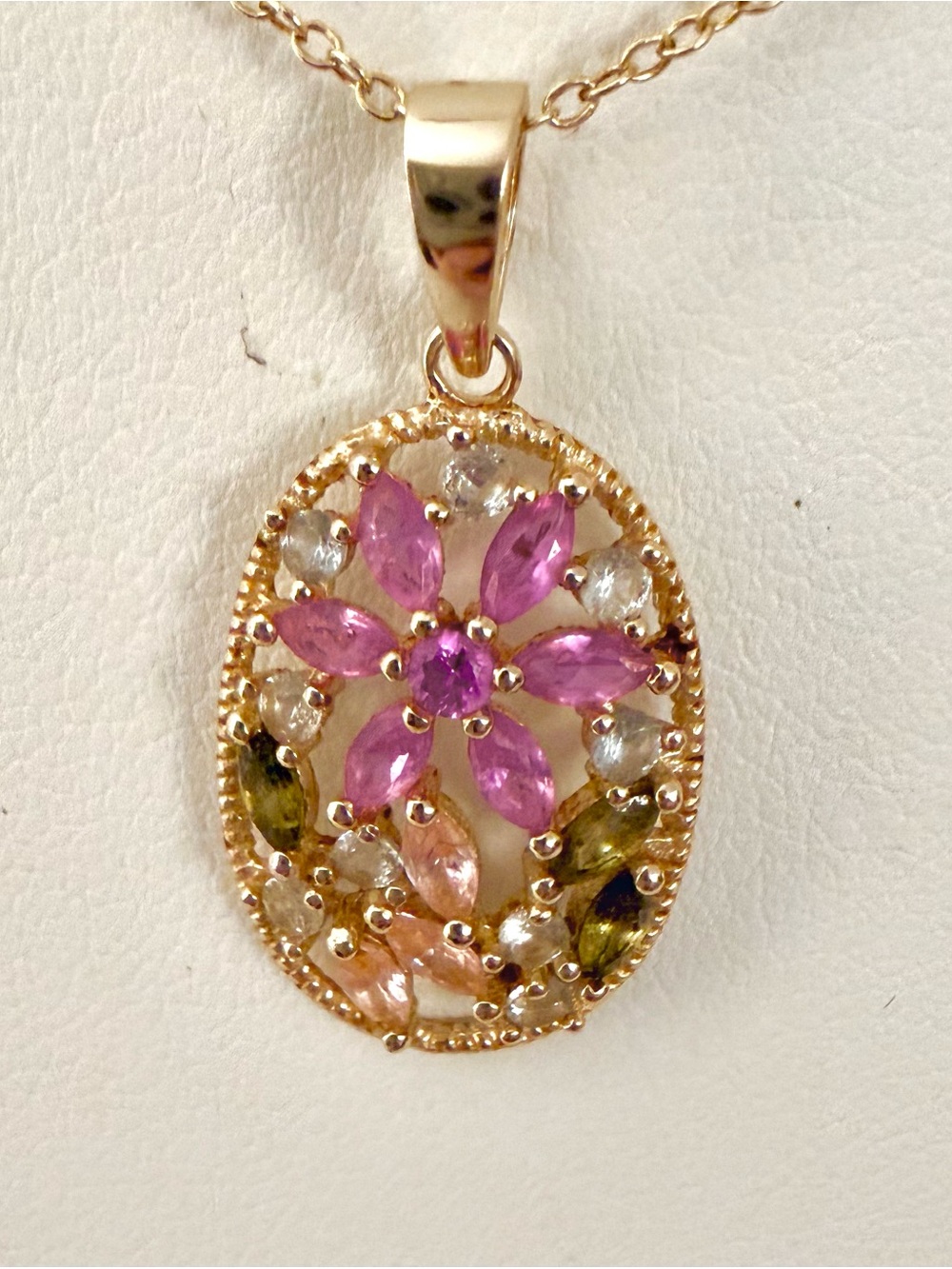 FZN 925 Sterling Silver Gold Tone Pink Clear CZ Flower Necklace 17"